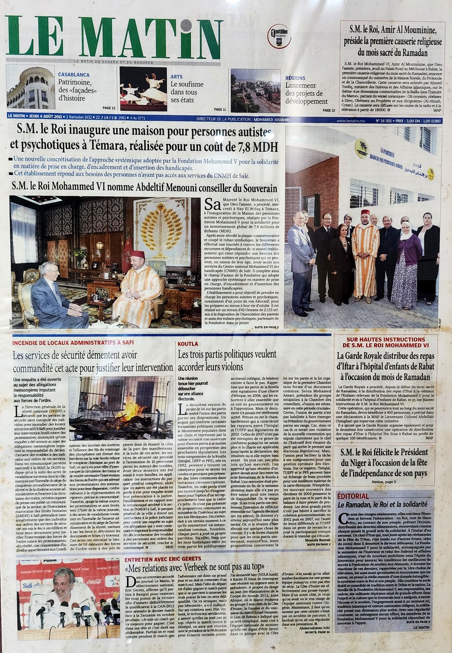 Une du journal Le Matin du 4 août 2011 sur l'inauguration du projet par le Roi Mohammed VI
